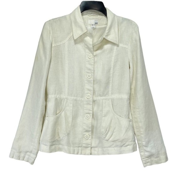 H&M Womens Jacket Blazer Sz 6 Linen Beige Button Front Long Sleeve - Picture 1 of 16